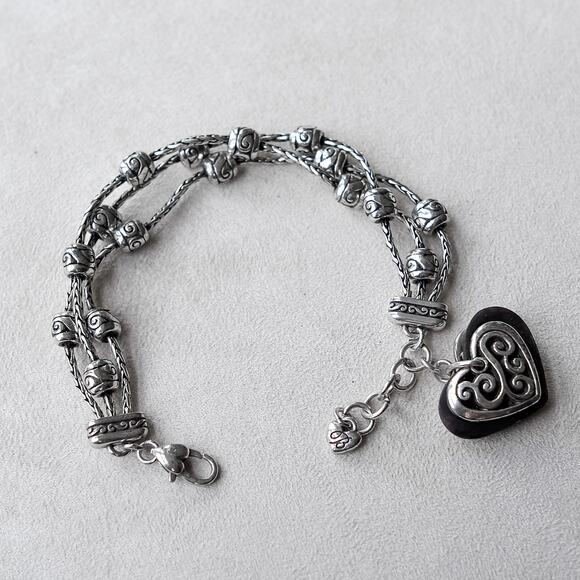 Brighton Diva Bracelet 3 Strand Silver Plated Black Heart Charm Retired WEAR - Picture 1 of 5